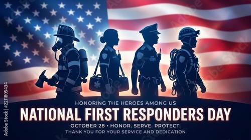 First responders walking under American flag for National Day
