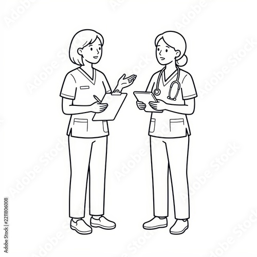 Two nurses talking with clipboard and tablet line art