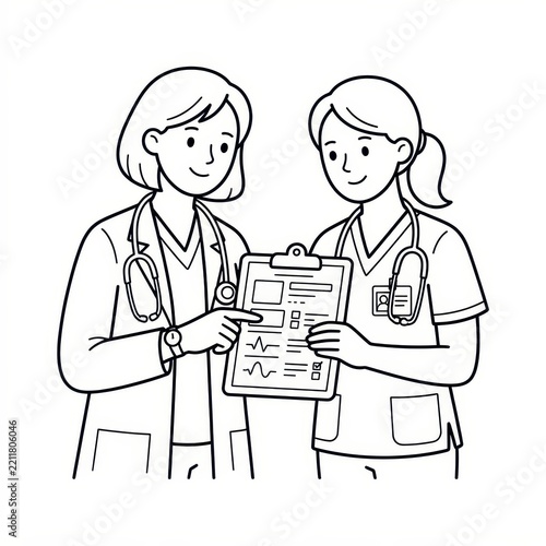 Two doctors holding clipboard medical outline vector illustration
