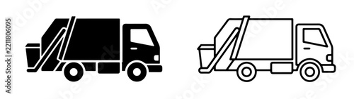 Black and white garbage truck icons for waste management and recycling Vector