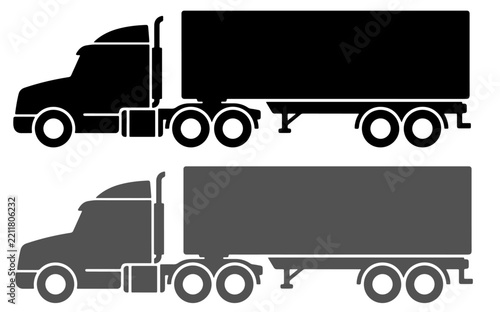 Black and grey semi truck trailer icons in a simple flat design Vector
