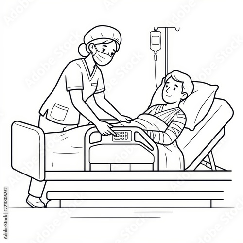 Nurse caring for patient in hospital bed line art