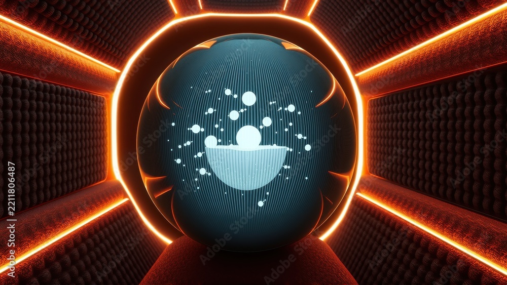 Fototapeta premium Futuristic tunnel glows with orange neon. Center displays blue sphere, white particles, halfmoon shape. Dark background creates depth.