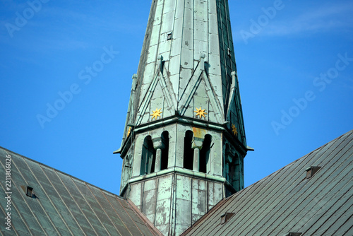 Obraz na plátně Gothic Copper Spire with Gold Stars Ribe Cathedral Denmark