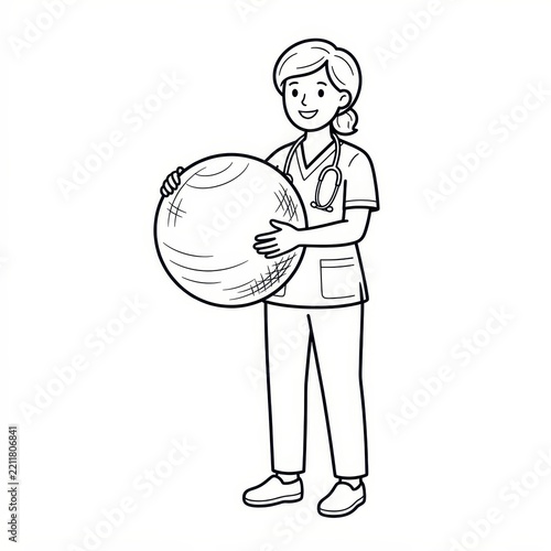 Physiotherapist holding fitness ball line art
