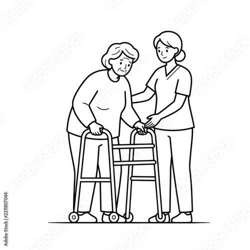 Nurse helping elderly woman walking with walker