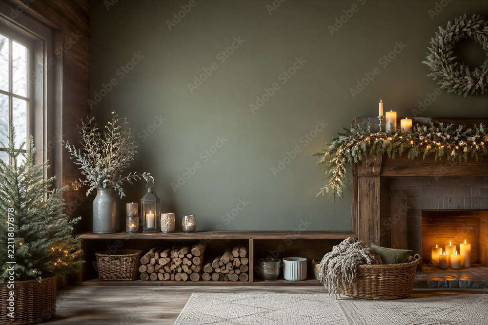 Obraz premium Cozy rustic living room interior decorated for winter holidays, wooden fireplace with glowing candles and greenery, seasonal home decor. Interior design, christmas celebration