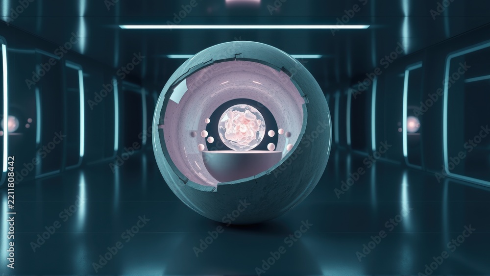 Fototapeta premium Futuristic corridor features glowing orb. Inside, brain structure visible, suggesting technology, science, innovation, potential. Dark ambiance creates dramatic effect.