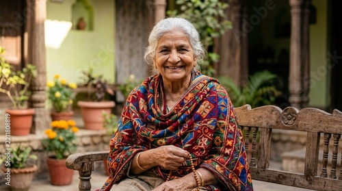 Smiling Indian Grandmother in Traditional Attire Sitting Outdoors