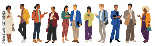Business professionals converse in casual attire. They gesture, smile, and appear engaged in discussion. Diverse group stands together in modern setting. Ideal for meeting, collaboration