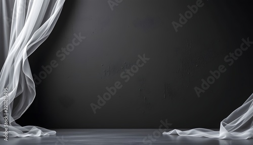 minimal memorial background with soft translucent veil like fabric drifting from one corner, dark gray background, large negative space, graceful and solemn