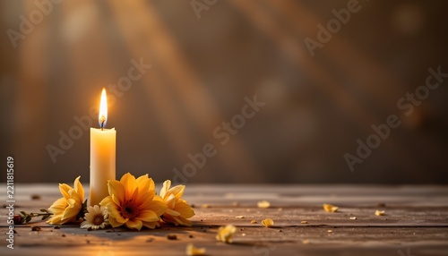peaceful memorial background with a single glowing candle surrounded by soft golden light, warm brown tones, solemn and respectful atmosphere, minimalist composition, large negative space for text