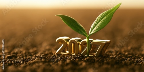 Golden 2027 with Sprouting Plant in Rich Soil, Symbolizing Growth and Future Success