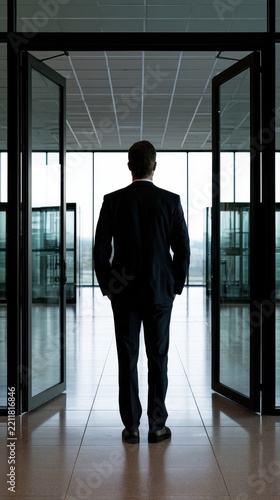 Businessman Standing at Open Glass Doors, Looking Towards Bright Future and Opportunity