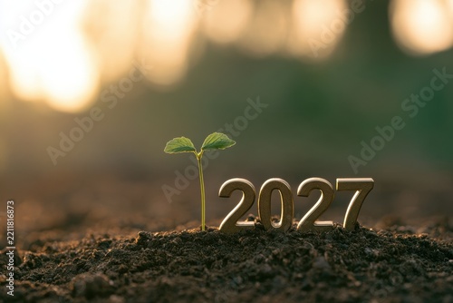 New Beginnings 2027: Sprout and Golden Numbers in Soil at Sunset