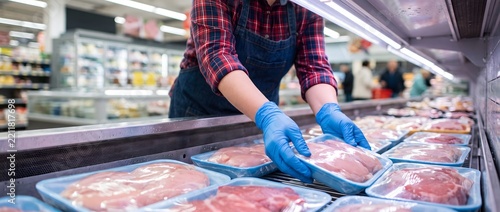 Butcher in apron and gloves arranging packaged chicken in supermarket display.