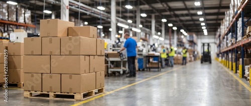 Stacked cardboard boxes on wooden pallet in busy warehouse logistics hub.