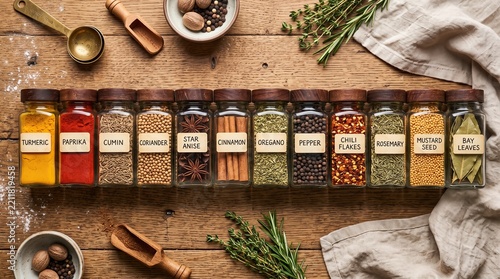 A row of glass spice jars with wooden lids and labels containing various colorful seasonings like turmeric and paprika arranged on a rustic wooden table with fresh herbs and spoons