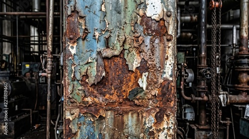 A detailed close up of a heavily rusted metal pillar with peeling blue paint and deep corrosion inside an abandoned industrial factory showing the gritty texture of aged vintage machinery