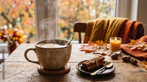 A steaming ceramic mug of hot coffee sits on a rustic wooden table decorated with autumn leaves and cinnamon sticks while a cozy blanket and lit candle create a warm indoor fall atmosphere