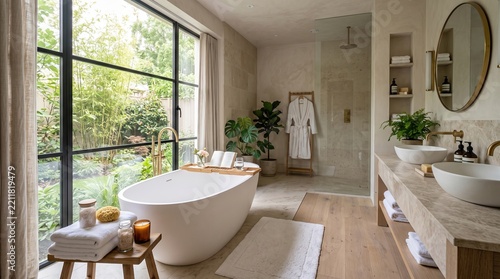 A luxurious modern bathroom featuring a white freestanding bathtub positioned next to a large floor-to-ceiling window with a view of a lush green garden and a double vanity with round sinks