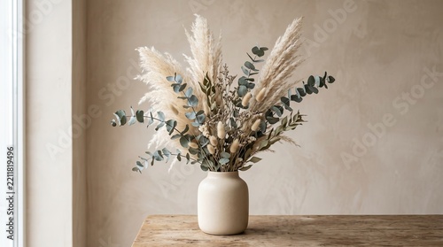 A beautiful arrangement of dried pampas grass and eucalyptus branches sits in a minimalist ceramic vase on a rustic wooden table against a neutral textured wall in a bright modern room