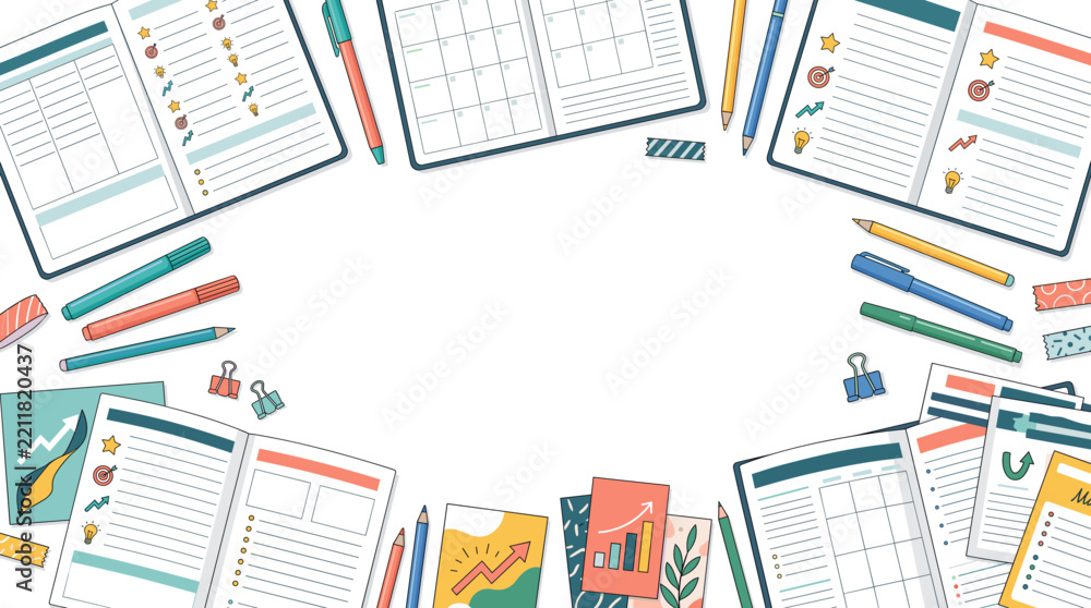 Obraz premium Flat lay of planners notebooks pens pencils and charts for business planning and organization