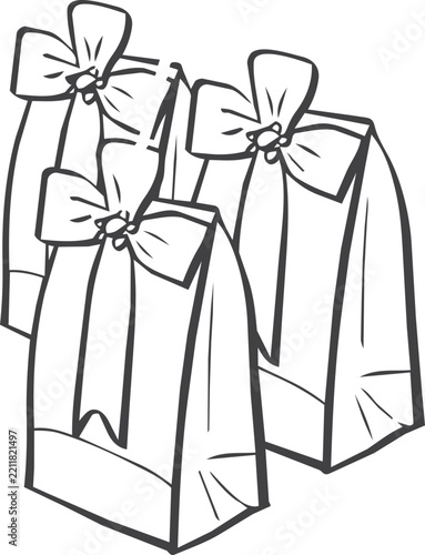 Hand drawn wedding gift bags decorated with roses, ribbons and heart details. Cute bridal favor bag line art for wedding gifts, party favors and celebration designs.