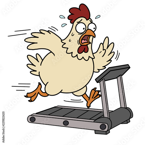 A chicken is running on a treadmill.
