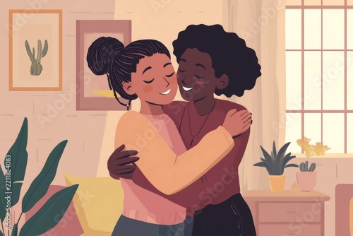 Two women embracing warmly in a cozy home interior with house plants and soft morning light