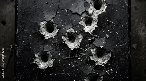 Closeup of a dark, cracked concrete or metal surface featuring multiple deep circular impact holes