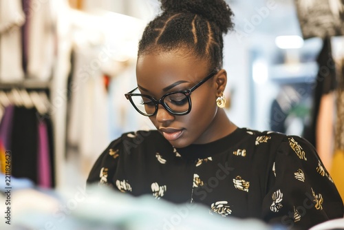 Young black woman wearing stylish glasses looking down while shopping in a clothing boutique