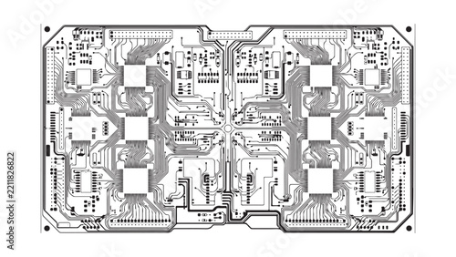 Symmetrical Electronic Circuit Board Diagram with Black Microchip Traces in Vector Design and Illustration Layout