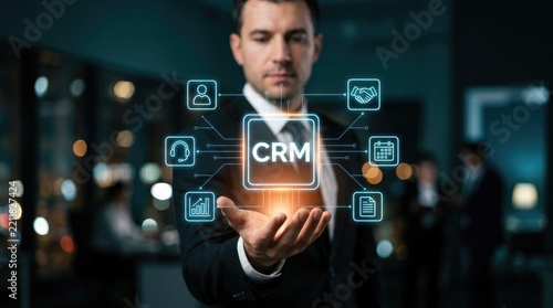 Businessman demonstrating CRM software interface. Floating digital icons for customer relationship management system