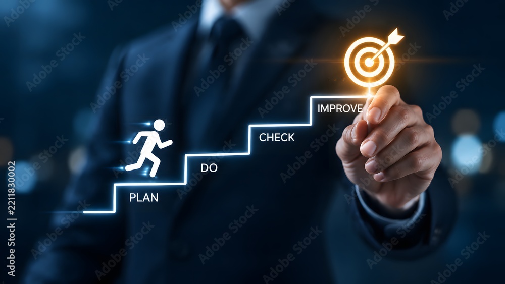Obraz premium Business leader interacting with a holographic staircase concept showing plan, do, check, and improve steps leading to a target bullseye for corporate success strategy