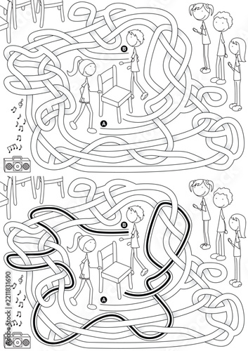 A black and white illustration of a children maze puzzle game with happy kids trying to find the chair.