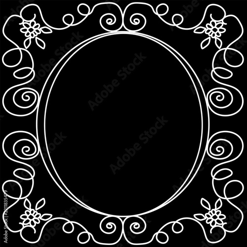 Vintage Oval Floral Frame with Ornate White Scrollwork, Flowers and Curved Botanical Details on Black Background, Elegant Classic Decorative Border