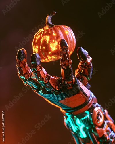 A robotic mechanical arm made of carbon fiber holds a glowing pumpkin