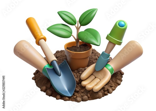 3D Illustration of Garden Tools and Plant