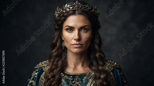 Majestic royal goddess wearing ornate golden crown and embroidered gown