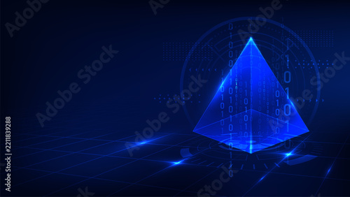 Futuristic blue neon prism with binary code, digital grid, technology circles, abstract background, circuit lines, and glowing holographic elements in a pyramid shape.