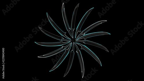 A circular pattern of sharp transparent glass blades radiating from the center on black background