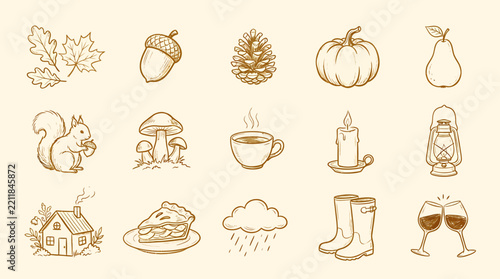 Collection of autumn and cozy lifestyle illustrated icons on transparent background