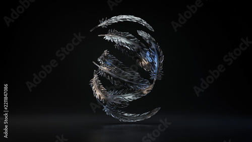 Floating arrangement of delicate white bird feathers forming a circular shape on black background