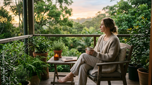 Woman sitting on a wooden balcony holding a mug and looking at a forest view. Morning self care routine with coffee, journal, and lit candle. Relaxing outdoor lifestyle concept