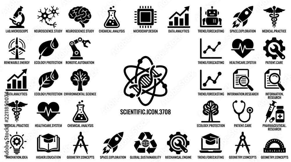 Fototapeta premium Science and Technology Icons Set: DNA, Brain, Rocket, Gear, Microscope, Heart, Robot