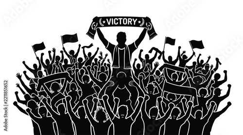 Cheering sports crowd holding victory scarf and flags silhouette illustration