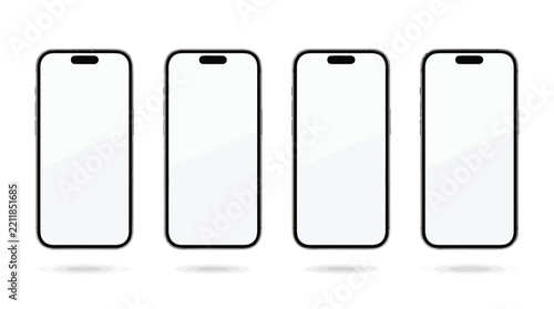 Four modern smartphones aligned horizontally with mockup screens and dynamic shadow