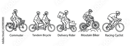 Minimalist bicycle icons vector set featuring different bike types and riders