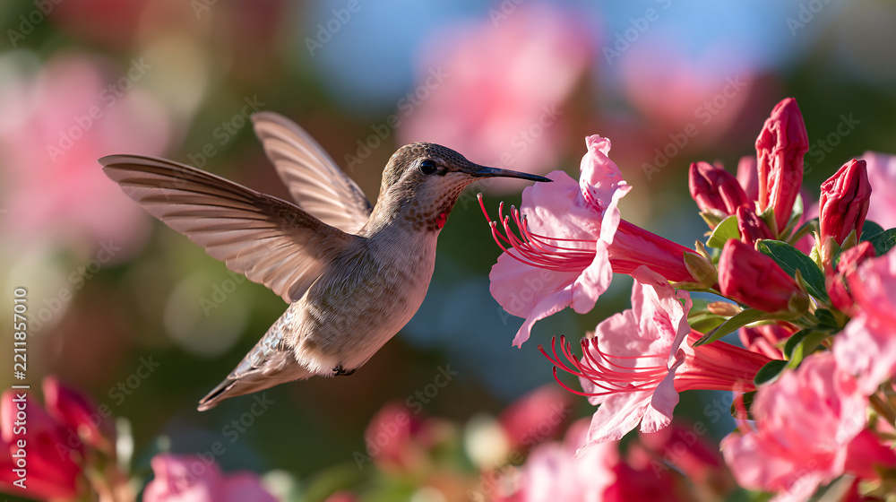 Fototapeta premium hummingbird hovering in mid air beside pink flowers with wings spread wide and a soft blurred green background in a beautiful spring garden wildlife scene